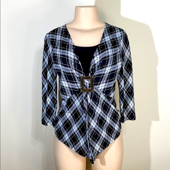 Black & White Argyle Plaid Silver Sequin Blouse